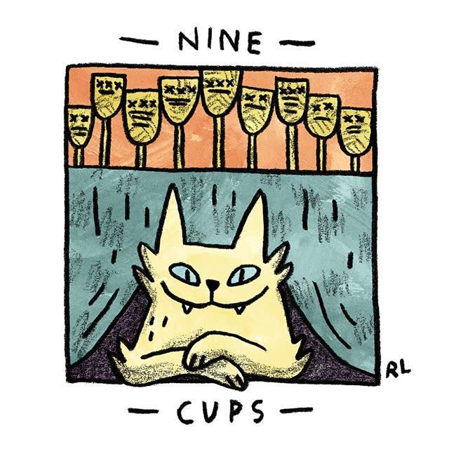 Nine of Cups card from the Mini Cat Tarot deck