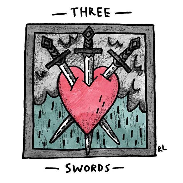 Three of Swords card from the Mini Cat Tarot deck