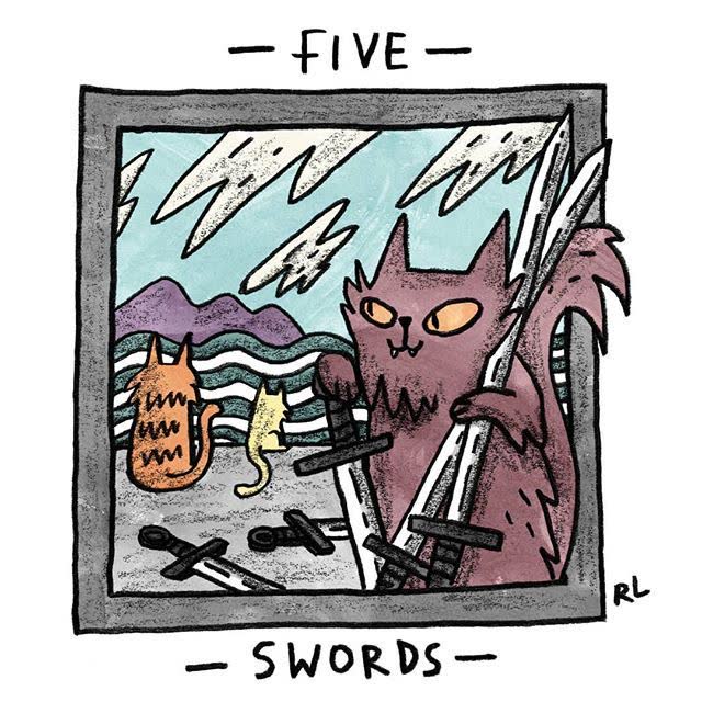 Five of Swords card from the Mini Cat Tarot deck