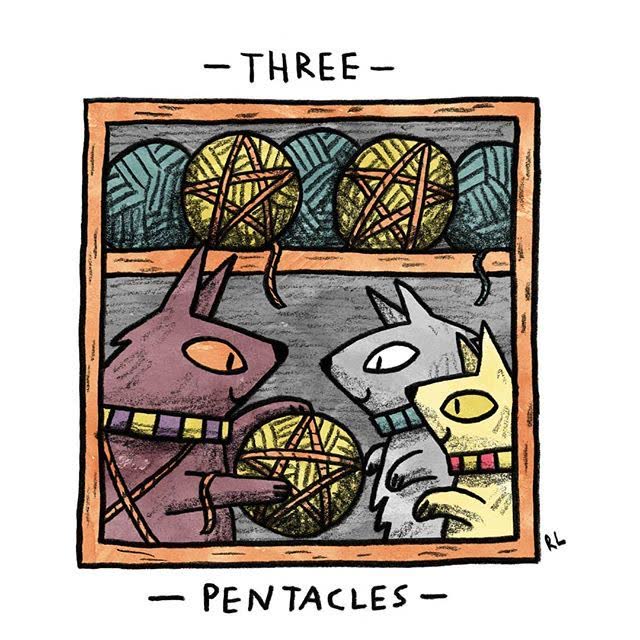 Three of Pentacles card from the Mini Cat Tarot deck