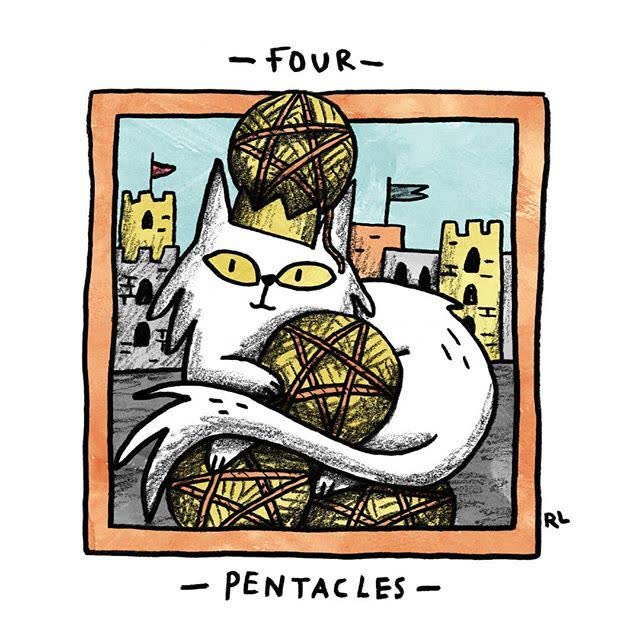 Four of Pentacles card from the Mini Cat Tarot deck