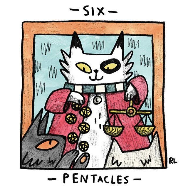 Six of Pentacles card from the Mini Cat Tarot deck
