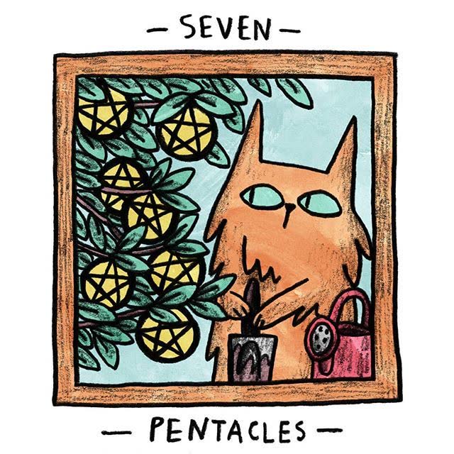 Seven of Pentacles card from the Mini Cat Tarot deck