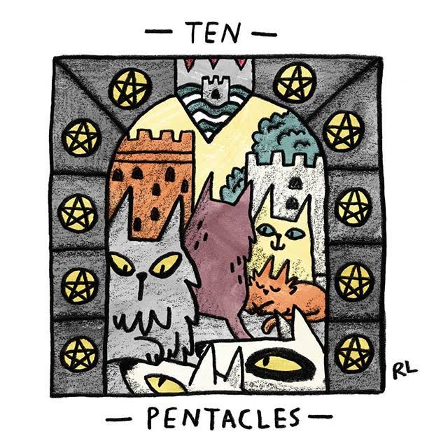 Ten of Pentacles card from the Mini Cat Tarot deck