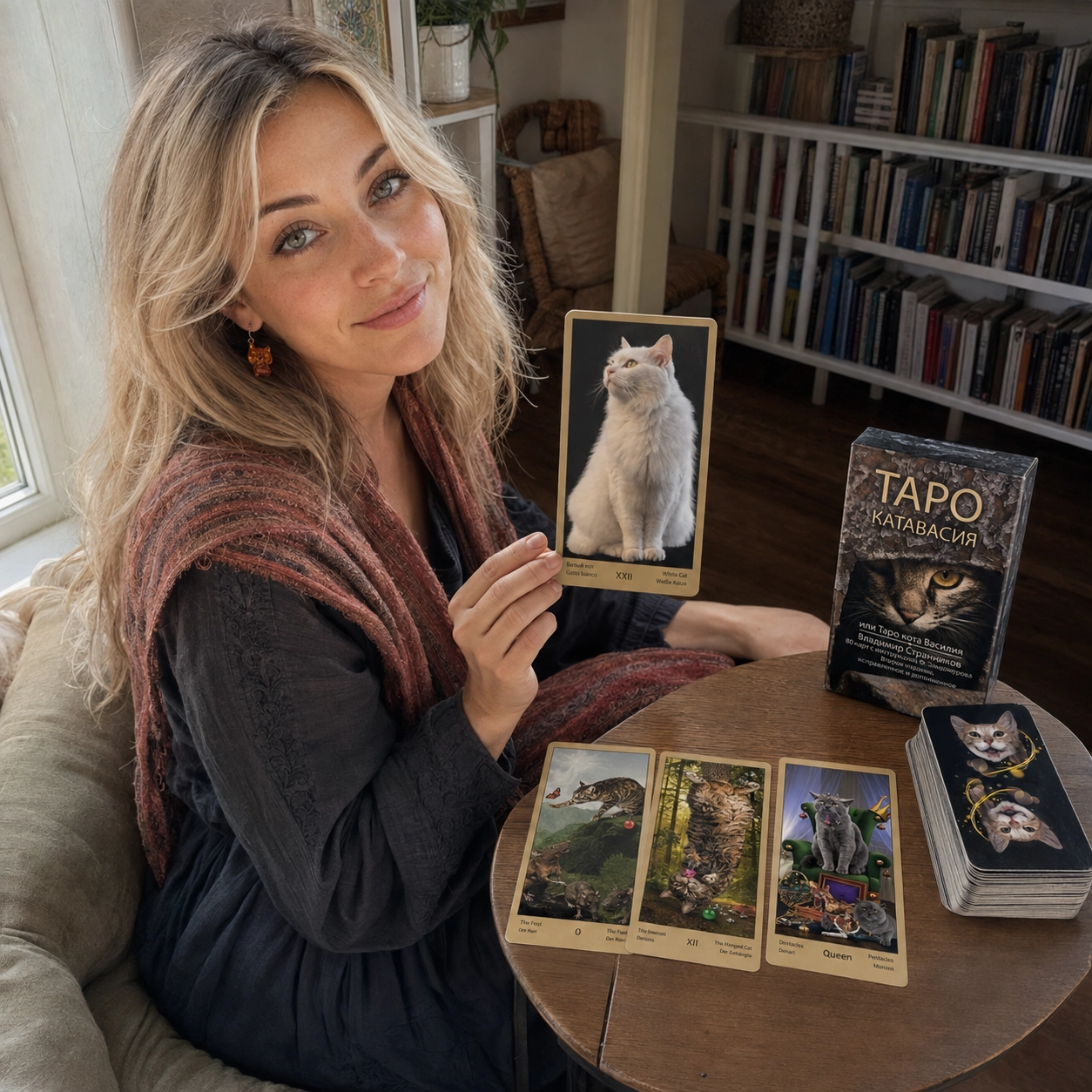 Aurica reading Catavasya Tarot with the White Cat card, a face-up spread, deck box, and stacked cards