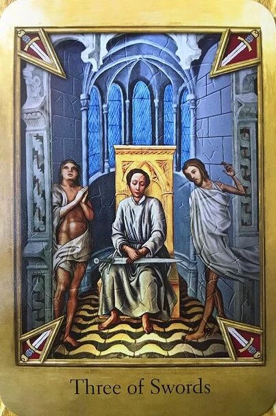 Three of Swords card from The Cathar Tarot deck