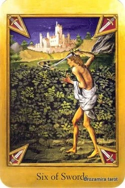 Six of Swords card from The Cathar Tarot deck