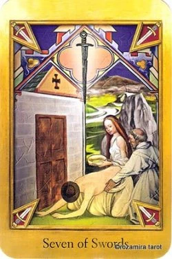 Seven of Swords card from The Cathar Tarot deck