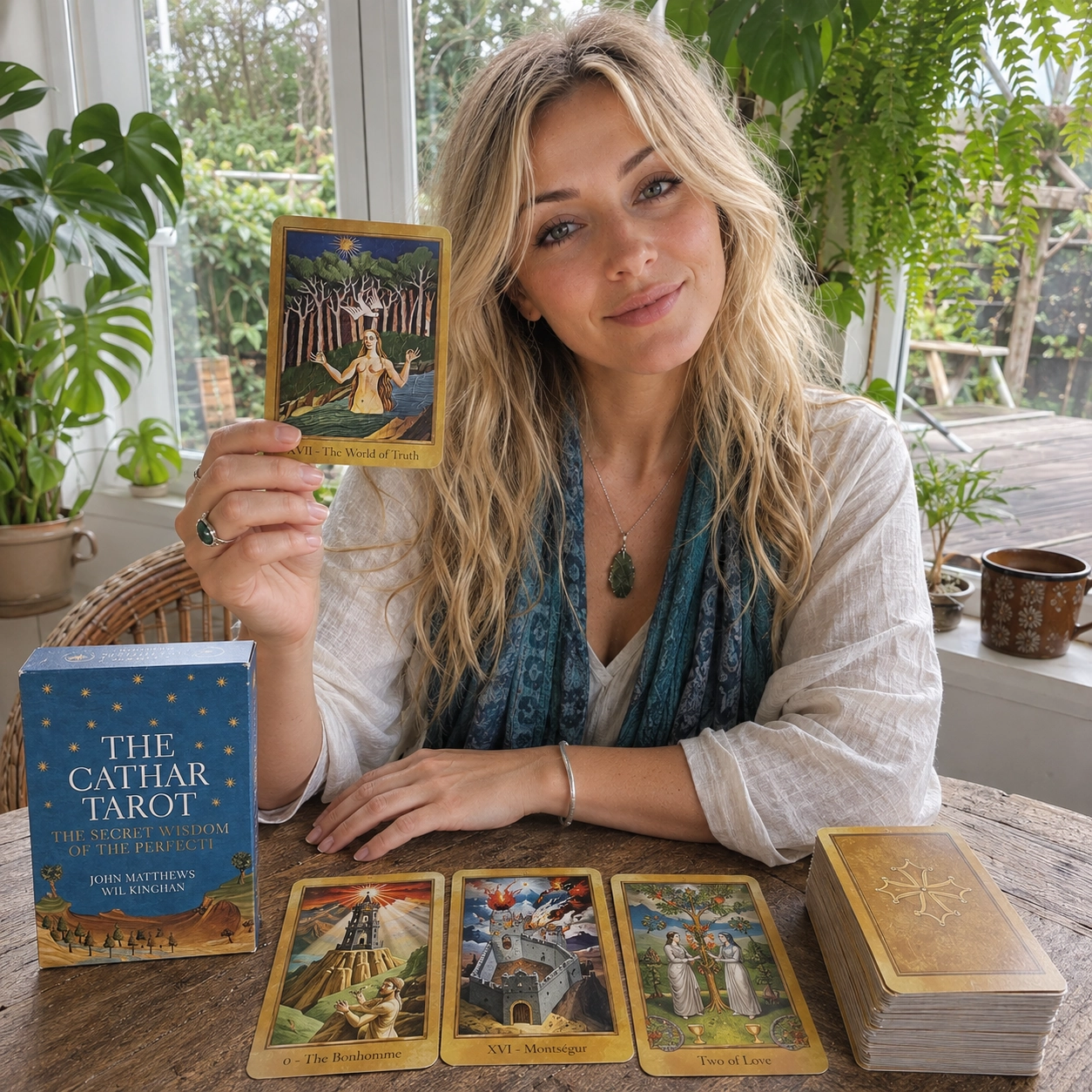 Aurica presenting The World of Truth while reading with The Cathar Tarot