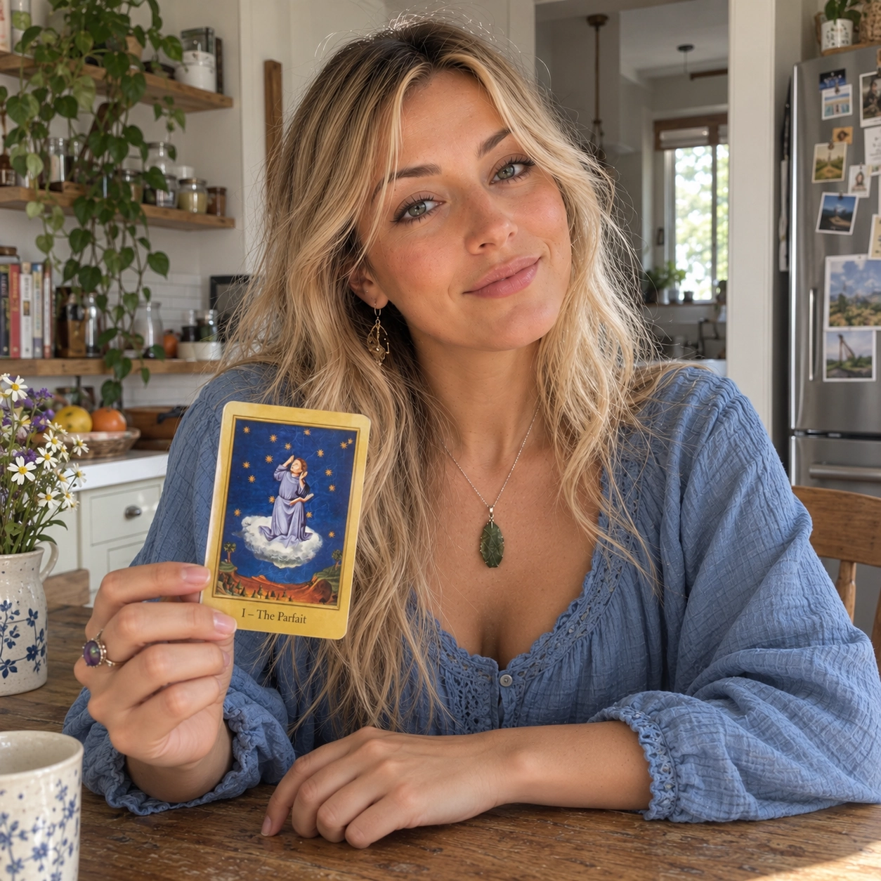 Generated scene of Aurica presenting The Parfait with The Cathar Tarot by John Matthews and Wil Kinghan