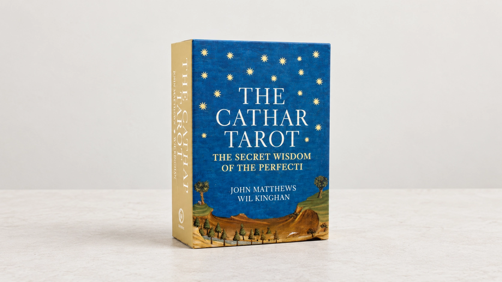 Generated product scene showing only the closed The Cathar Tarot Deck box by John Matthews and Wil Kinghan on a neutral table