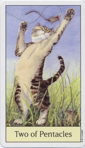 Two of Pentacles card from the Cats Eye Tarot deck
