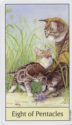 Eight of Pentacles card from the Cats Eye Tarot deck