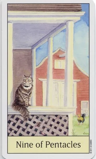Nine of Pentacles card from the Cats Eye Tarot deck