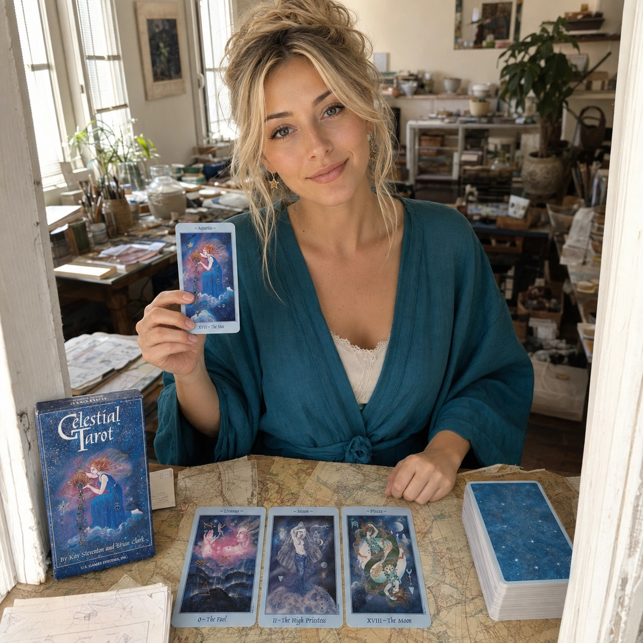 Aurica presenting The Star from Celestial Tarot beside its box, a three-card spread, and the stacked deck