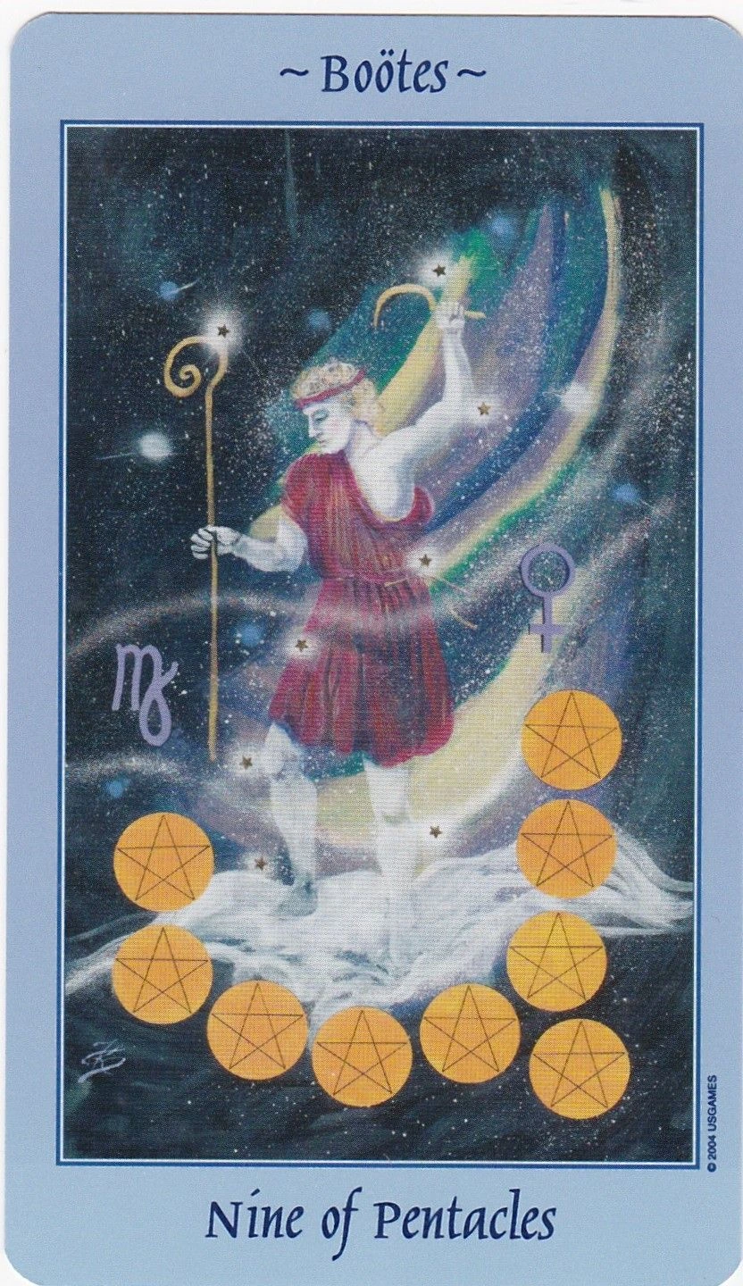 Nine of Pentacles - Celestial Tarot - Tarot Deck by Kay Steventon and Brian Clark