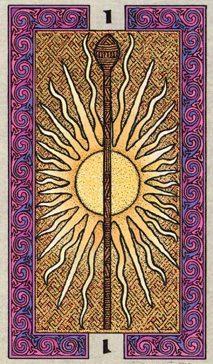 Ace of Wands — The Celtic Tarot by Helena Paterson and Courtney Davis Ace of Wands card from The Celtic Tarot by Helena Paterson and Courtney Davis