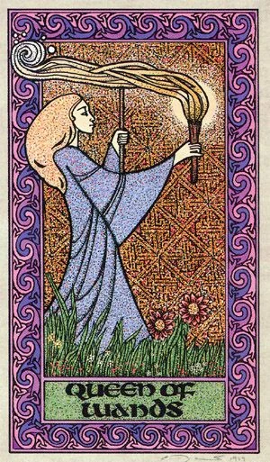 Queen of Wands — The Celtic Tarot by Helena Paterson and Courtney Davis Queen of Wands card from The Celtic Tarot by Helena Paterson and Courtney Davis