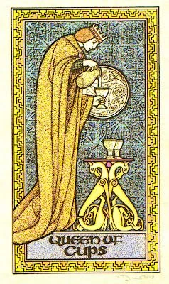 Queen of Cups — The Celtic Tarot by Helena Paterson and Courtney Davis Queen of Cups card from The Celtic Tarot by Helena Paterson and Courtney Davis