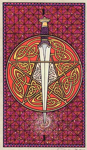 Ace of Swords — The Celtic Tarot by Helena Paterson and Courtney Davis Ace of Swords card from The Celtic Tarot by Helena Paterson and Courtney Davis