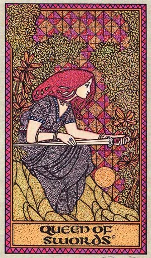 Queen of Swords — The Celtic Tarot by Helena Paterson and Courtney Davis Queen of Swords card from The Celtic Tarot by Helena Paterson and Courtney Davis