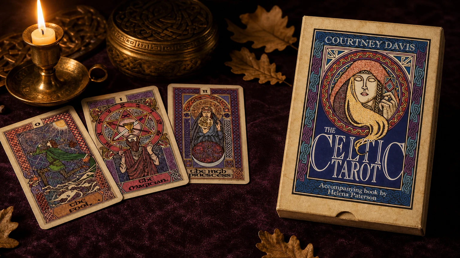Generated reading scene featuring The Celtic Tarot Deck by Helena Paterson with artwork by Courtney Davis