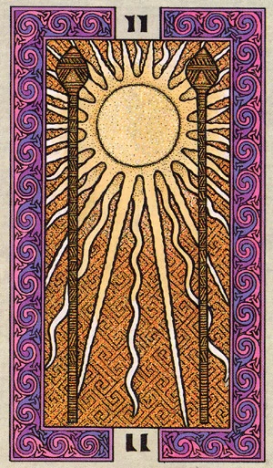 Two of Wands card from The Celtic Tarot by Helena Paterson and Courtney Davis