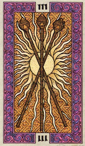 Three of Wands card from The Celtic Tarot by Helena Paterson and Courtney Davis