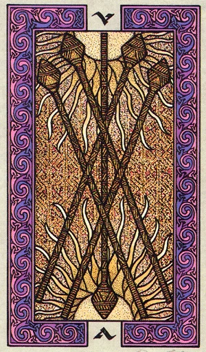 Five of Wands card from The Celtic Tarot by Helena Paterson and Courtney Davis