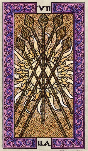 Seven of Wands card from The Celtic Tarot by Helena Paterson and Courtney Davis