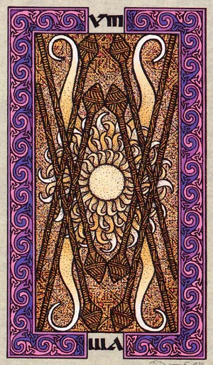 Eight of Wands card from The Celtic Tarot by Helena Paterson and Courtney Davis