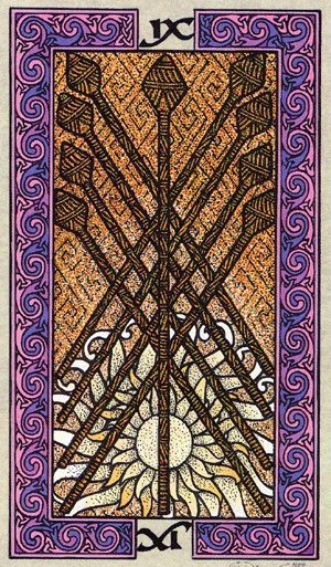 Nine of Wands card from The Celtic Tarot by Helena Paterson and Courtney Davis