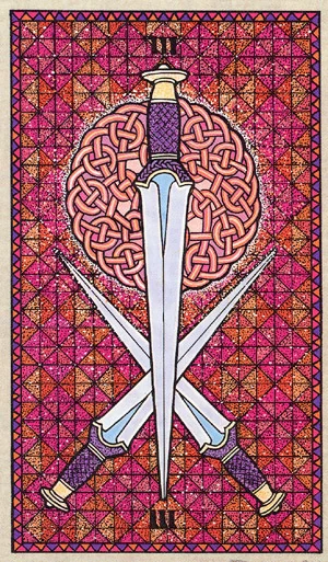 Three of Swords card from The Celtic Tarot by Helena Paterson and Courtney Davis