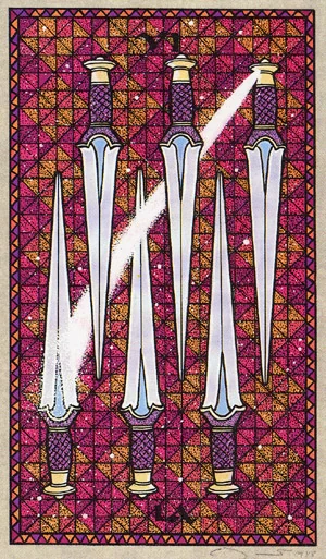 Six of Swords card from The Celtic Tarot by Helena Paterson and Courtney Davis