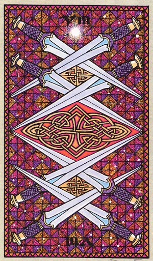 Eight of Swords card from The Celtic Tarot by Helena Paterson and Courtney Davis