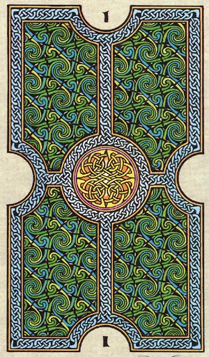 Ace of Coins card from The Celtic Tarot by Helena Paterson and Courtney Davis