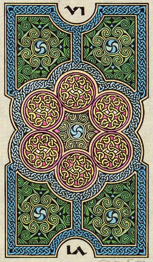 Six of Coins card from The Celtic Tarot by Helena Paterson and Courtney Davis