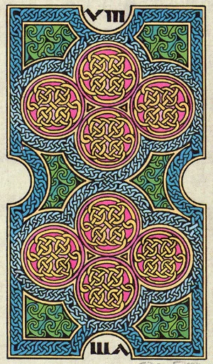 Eight of Coins card from The Celtic Tarot by Helena Paterson and Courtney Davis