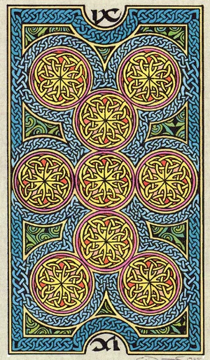 Nine of Coins card from The Celtic Tarot by Helena Paterson and Courtney Davis