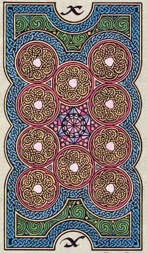 Ten of Coins card from The Celtic Tarot by Helena Paterson and Courtney Davis