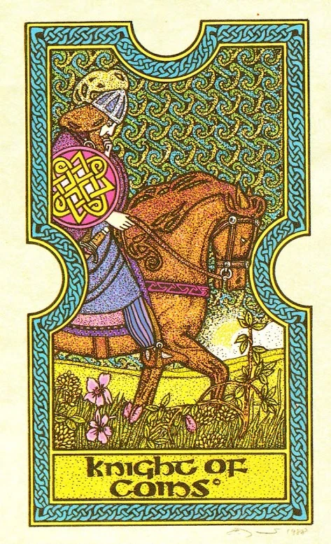 Knight of Coins card from The Celtic Tarot by Helena Paterson and Courtney Davis