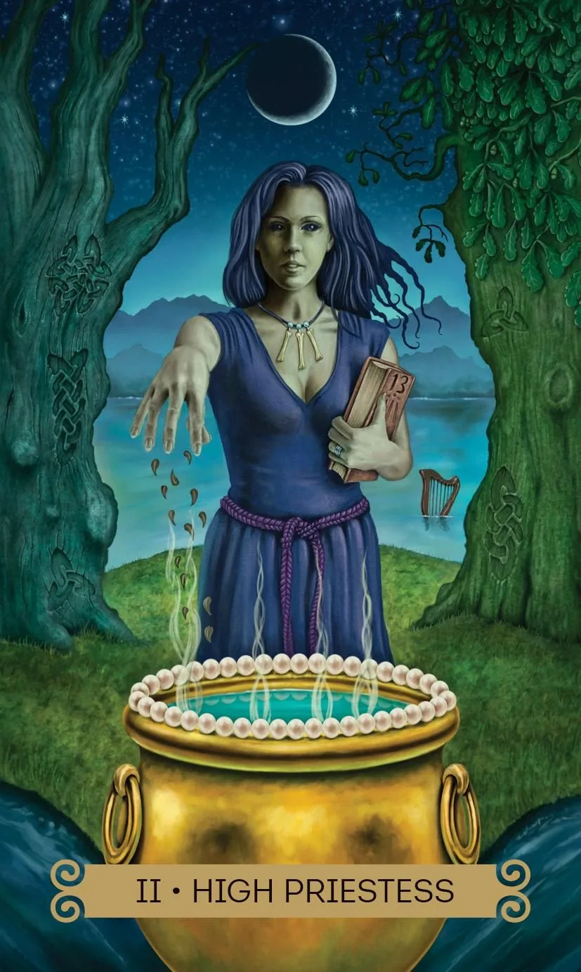Celtic Tarot Kristoffer Hughes Review 7 The High Priestess card from the Celtic Tarot deck by Kristoffer Hughes, illustrated by Chris Down