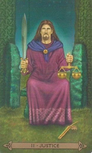 Justice card from the Celtic Tarot deck by Kristoffer Hughes, illustrated by Chris Down