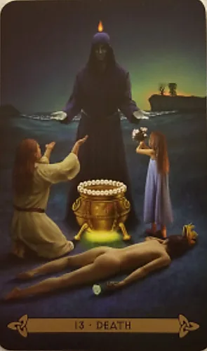 Death card from the Celtic Tarot deck by Kristoffer Hughes, illustrated by Chris Down