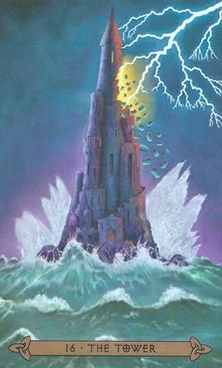 The Tower card from the Celtic Tarot deck by Kristoffer Hughes, illustrated by Chris Down