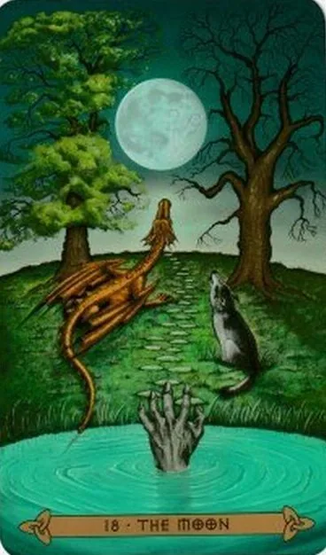 The Moon card from the Celtic Tarot deck by Kristoffer Hughes, illustrated by Chris Down