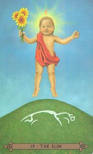 The Sun card from the Celtic Tarot deck by Kristoffer Hughes, illustrated by Chris Down