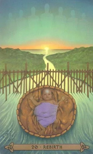 Rebirth card from the Celtic Tarot deck by Kristoffer Hughes, illustrated by Chris Down
