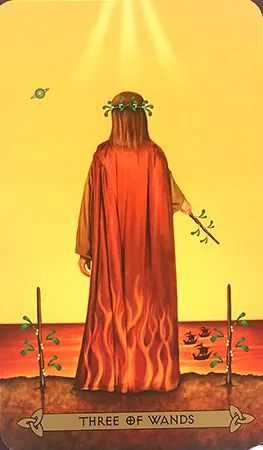 Three of Wands card from the Celtic Tarot deck by Kristoffer Hughes, illustrated by Chris Down