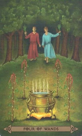 Four of Wands card from the Celtic Tarot deck by Kristoffer Hughes, illustrated by Chris Down